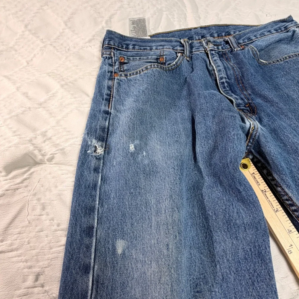Levis 505 Regular Fit Straight Leg Jeans Mens 36x34 Blue Denim Distressed